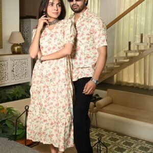 Couple Matching Cream floral Cotton Printed Anarkali Midi Dress & Shirt Set ? Casual & Festive Wear
