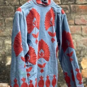 Womens Light Blue Velvet Embroidered Jacket with Floral Design