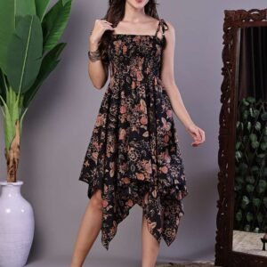 Women's Black Floral Printed Cotton Handkerchief Hem Dress Midi Dresses