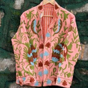 Womens Light Pink Velvet Embroidered Jacket with Floral Design